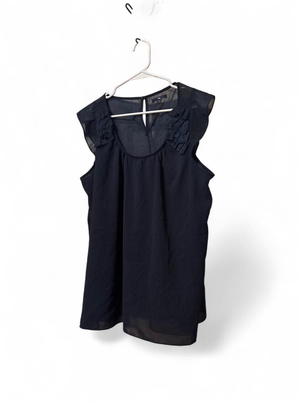 Sheer navy blue and black polka dot ruffle blouse